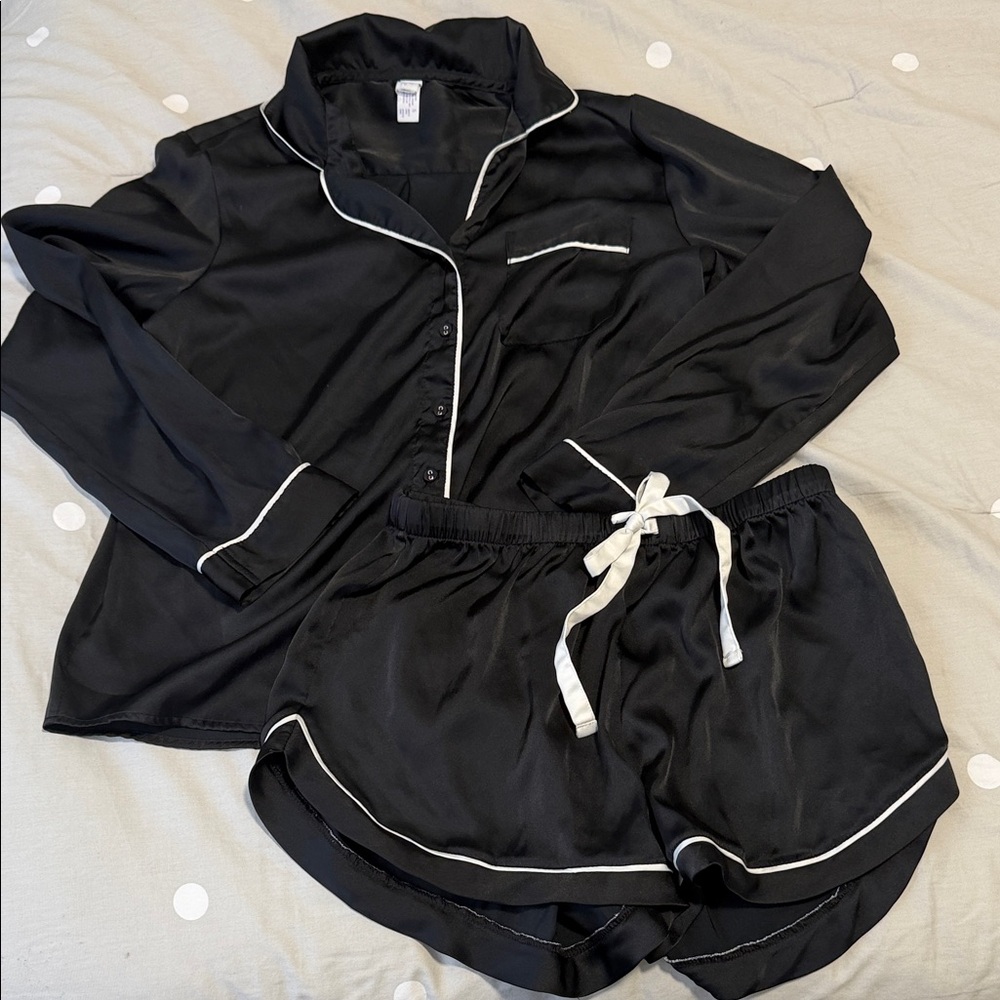 Stars Above Black Satin Pajama Set with White Piping